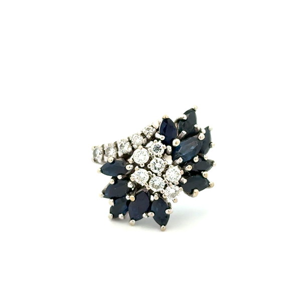 Closeup photo of 14K WG .32tcw Diamond & 1.30tcw Sapphire Spray Cocktail Ring 6.8g, s6.75