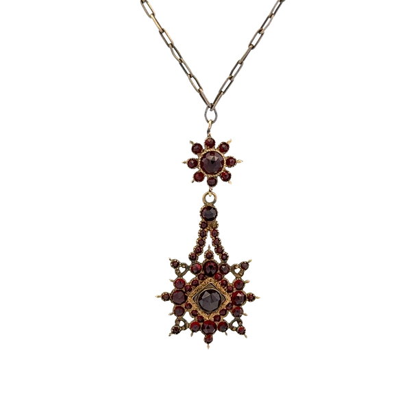 Closeup photo of 14K YG Victorian Bohemian Garnet Pendant on Base Metal Chain 8.7g