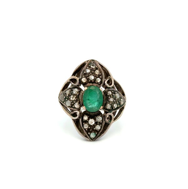 Closeup photo of Silver on 14K Vintage 1ct Oval Emerald & .30tcw RC Diamond Navette Ring 7.0g, s5.5