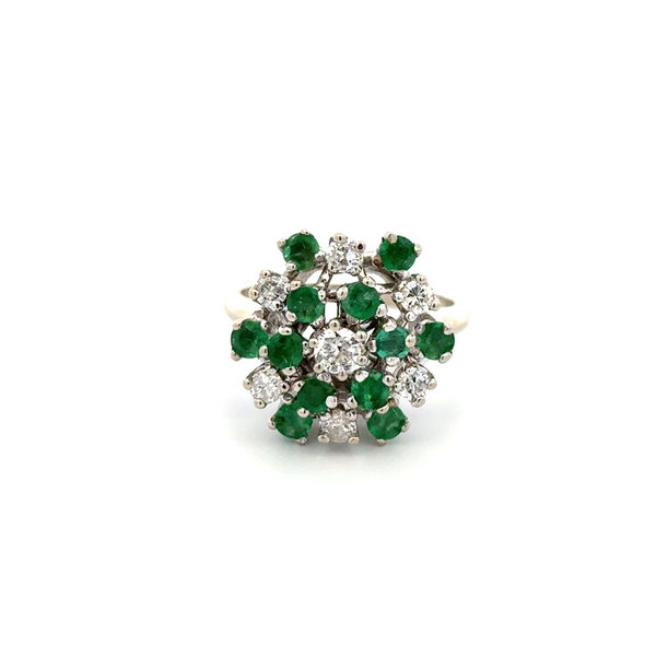 Closeup photo of 14K WG 1950's .55tcw Diamond & 1.20tcw Emerald Cluster Ring 7.8g, s8.5