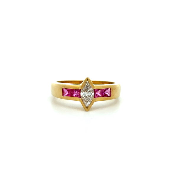Closeup photo of 18K YG .50ct Marquis Diamond & .40tcw Ruby Band Ring 6.2g, s6.5