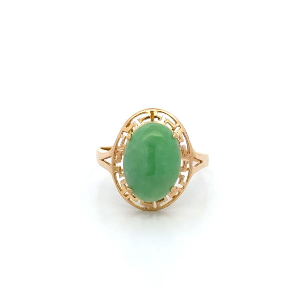Closeup photo of 14K YG 4ct Oval Jadeite Jade Solitaire Ring 3.8g, s10.25