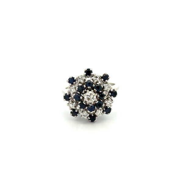 Closeup photo of 14K WG Mid Century .32tcw Diamond & .60tcw Sapphire Dome Cocktail Ring 8.5g, s6.5