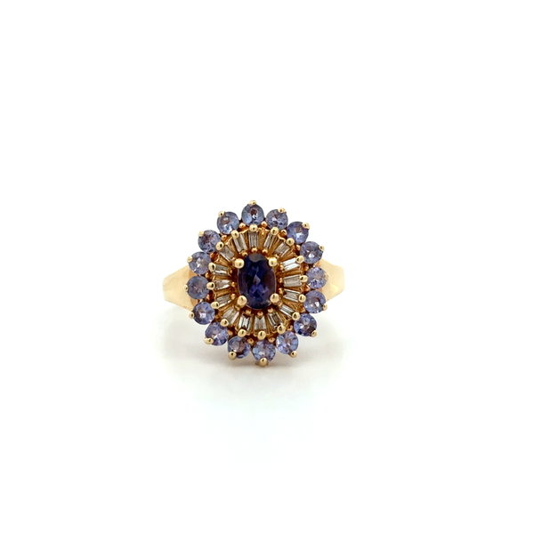 Closeup photo of 14K YG 1.20tcw Tanzanite & .32tcw Diamond Cluster Halo Ring 5.8g, s8.25
