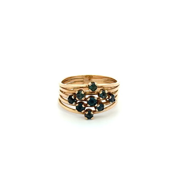Closeup photo of 14K YG 5 Row .80tcw Sapphire 13mm Band Ring 5.3g, s8.5