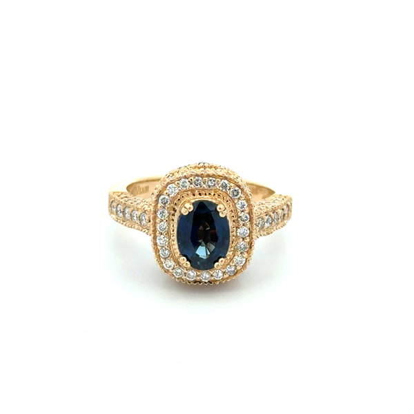 Closeup photo of 14K YG LeVian 1ct Sapphire, .60tcw RBC Diamond & .25tcw Sapphire Ring 6.8g, s7
