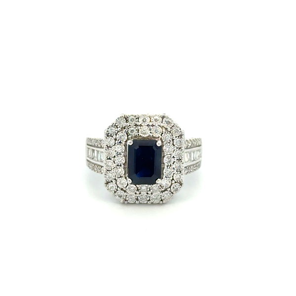 Closeup photo of 14K WG EFFY 1.5ct Emerald Cut Sapphire & .70tcw Bag, RBC Diamond Ring 5.6g, s7.25