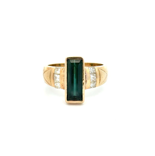 Closeup photo of 14K YG 2.5ct Long Green Tourmaline & .40tcw Diamond Ring 9.8g, s10.25