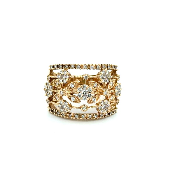 Closeup photo of 14K YG 1.20tcw RBC Diamond Lacey Floral 17.5mm Band Ring 10.9g, s8.5