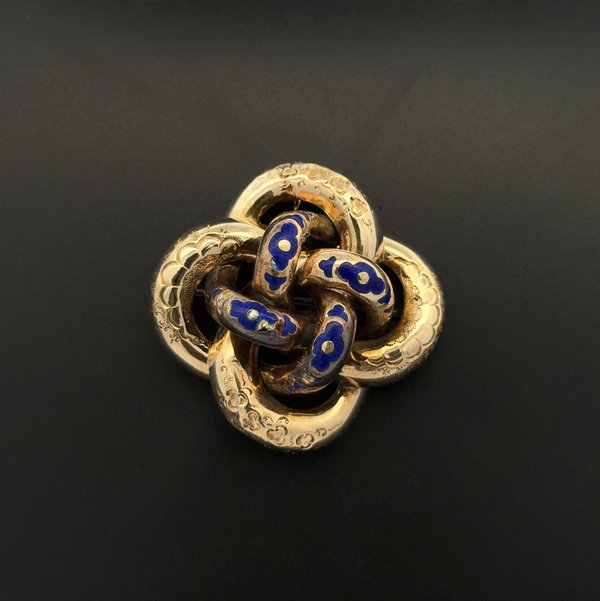 Closeup photo of 14K YG Victorian Blue Enamel Knot Brooch 8.9g