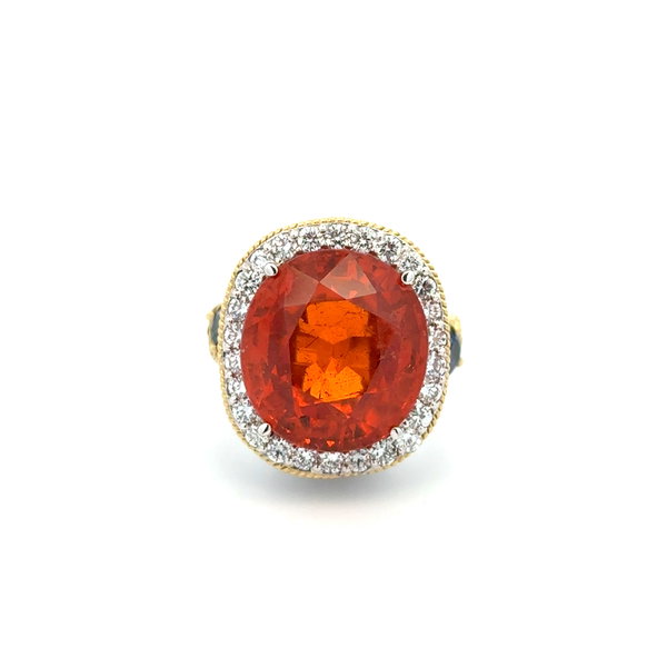 Closeup photo of 18K 2tone 26ct Oval Mandarin Spessertite Garnet & 4.19tcw Diamond Ring 25.0g, s7.25 green & blue stone