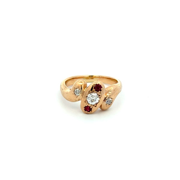 Closeup photo of 14K YG Victorian Serpent Style Ring .60tcw OEC Diamond & Ruby Ring 7.6g, s7.75