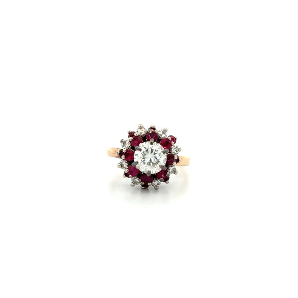 Closeup photo of 14K 2tone Mid Century .90ct RBC Diamond, .40tcw Ruby & .24tcw Diamond Ring 3.7g, s4.5