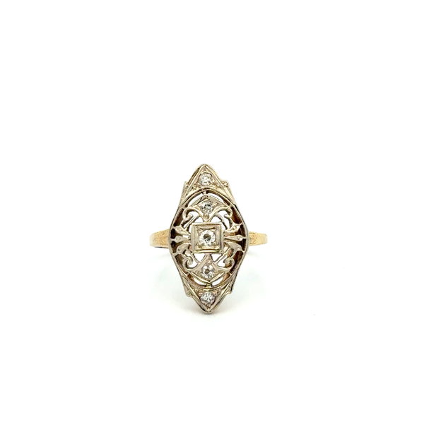 Closeup photo of 14K 2tone Art Deco .14tcw Diamond Lace Navette Ring 2.7g, s4.75