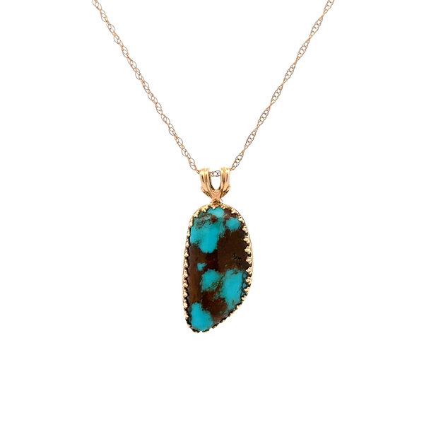 Closeup photo of 14K YG Freeform 5ct Turquoise Boulder Pendant Necklace 3.2g, 18"
