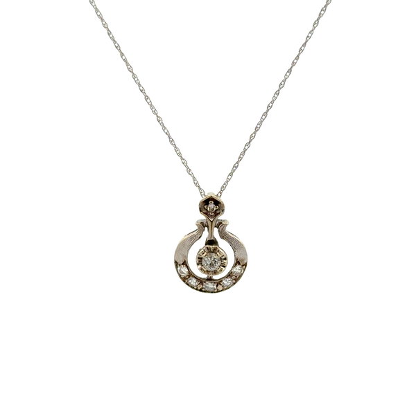 Closeup photo of 14K WG Mid Century .15tcw Diamond Circle Pendant Necklace 2.1g, 18"