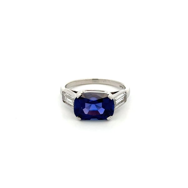 Closeup photo of Platinum 4.39ct Cushion Violetish Blue to Purple Sapphire GIA & .80tcw 2 Long EC Diamond Ring 5.3g, s6.25