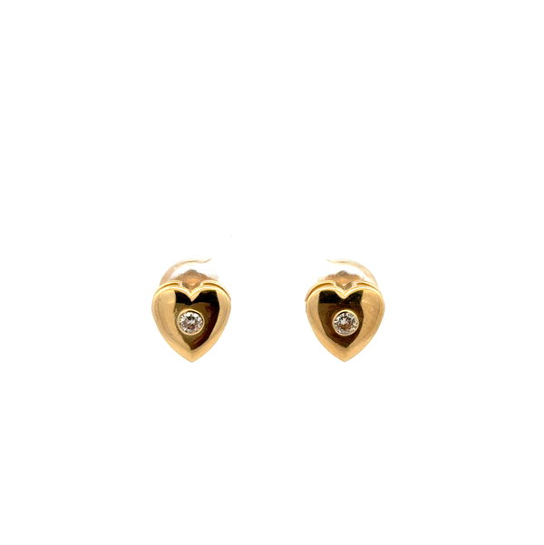 Closeup photo of 14K YG .10tcw RBC Diamond Heart Shape Stud Earrings 1.8g