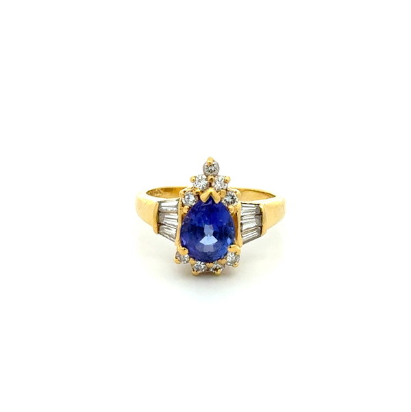 Closeup photo of 18K YG 1.30ct Pear Tanzanite(abraided) & .40tcw Diamond Ring 4.8g, s5
