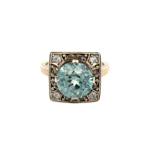 Closeup photo of Platinum on 18K Edwardian 6ct Blue Zircon Filigree Ring 8.1g, s8.75