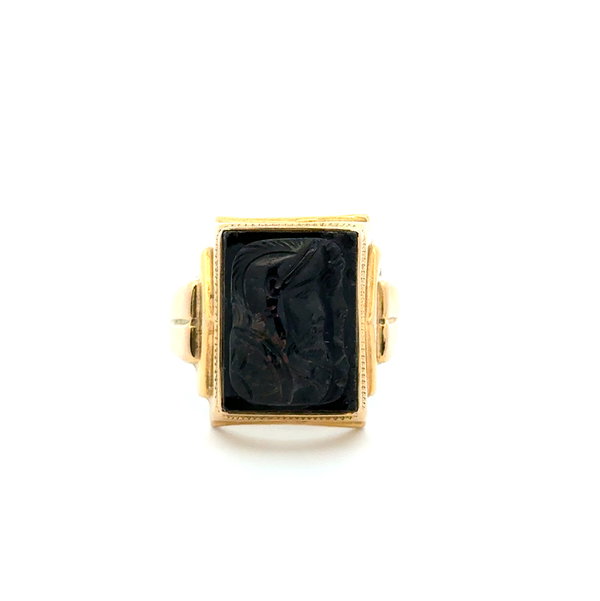 Closeup photo of 10K YG Victorian Gents Onyx Cameo Signet Ring 5.2g, s10