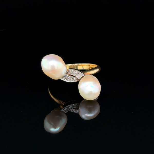 Closeup photo of Platinum on 18K Edwardian Double 8-10mm Pearl & .05tcw Diamond Bypass Ring 6.3g, s9.5