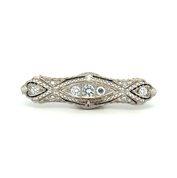 Closeup photo of 14K WG Art Deco Revival 1.50tcw Diamond & Enamel Bar Brooch 6.5g
