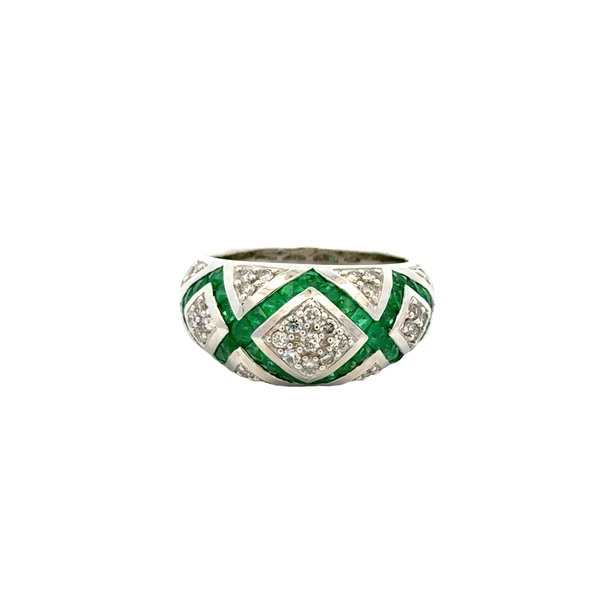 Closeup photo of 14K WG Emerald & .60tcw Diamond Crossed Hatch Dome Band Ring 7.5g, s