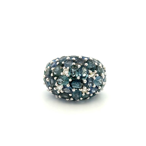 Closeup photo of 18K WG 16.17tcw Sapphire & .30tcw Diamond Cluster Bombay Ring 17.9g,s