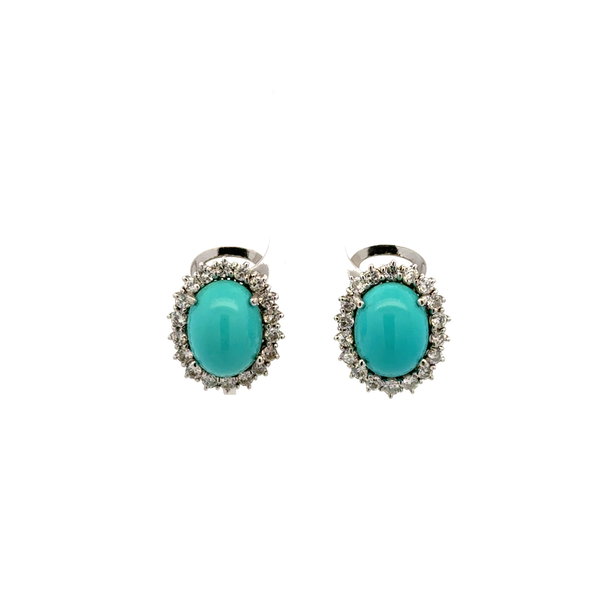 Closeup photo of 18K WG 2tcw Cabochon Turquoise & .70tcw Diamond Clip Earrings 7.5g