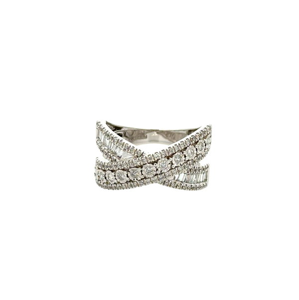 Closeup photo of 14K WG EFFY 1.10tcw Baguette & RBC Diamond Crossover Band Ring 5.0g, s7
