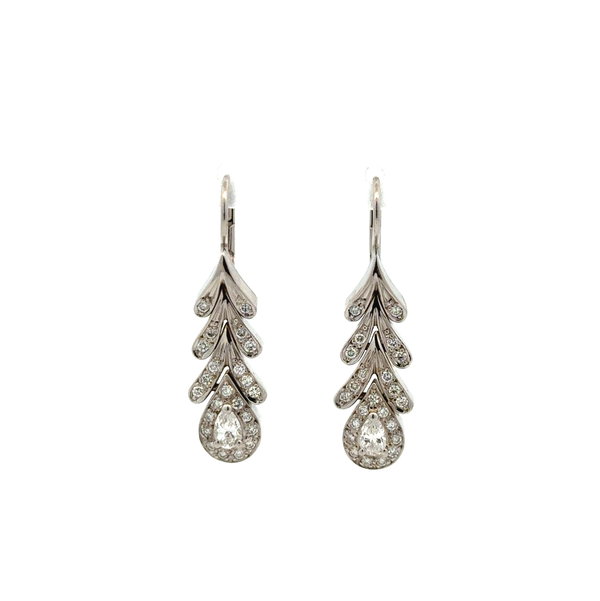 Closeup photo of 18K WG .80tcw Pear & .75tcw RBC Diamond Spray Drop Earrings 7.1g, 1.25"