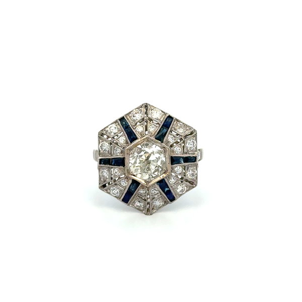 Closeup photo of Platinum .75ct OEC Diamond, 1.01tcw Sapphire & .60tcw OEC Diamond Hexagon Ring 6.3g, s6.5