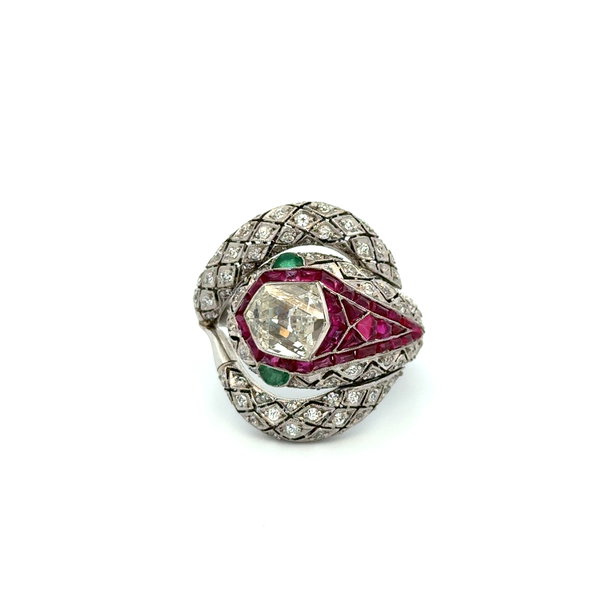 Closeup photo of Platinum 1.11ct Fancy Diamond, 2tcw Ruby & .50tcw Diamond Snake Serpent Ring 12.20g, s6.75