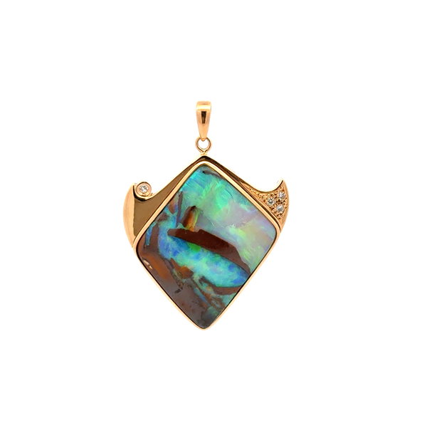 Closeup photo of 18K YG 2.5ct Boulder Opal & .04tcw Diamond Fish Drop Pendant 8.2g