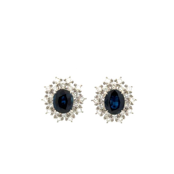 Closeup photo of Platinum 4.38tcw Oval Sapphire & 1.15tcw Care & RBC Diamond Stud Earrings 4.5g