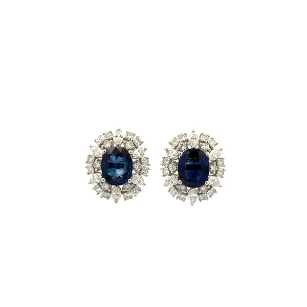 Closeup photo of Platinum 3.83tcw Oval Sapphire & 1.89tcw Marquis & RBC Diamond Stud Earrings 7.4g