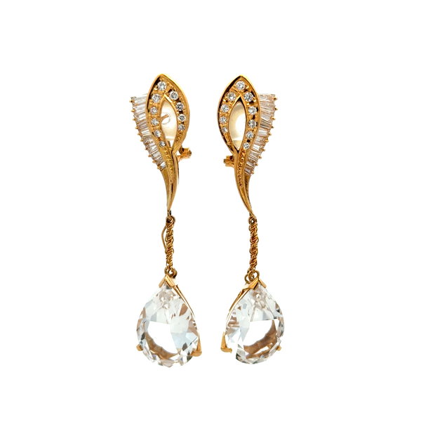 Closeup photo of 18K YG 20.44tcw Pear White Topaz & 1.45tcw Diamond Drop Earrings 14.7g