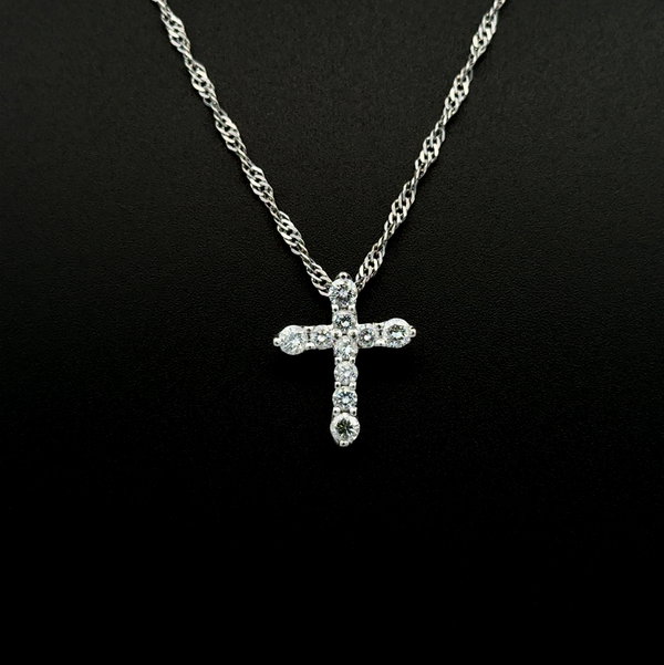 Closeup photo of Platinum 900 1.00tcw RBC 10 Diamond Cross Necklace 6.7 on Platinum 850 Chain 16"
