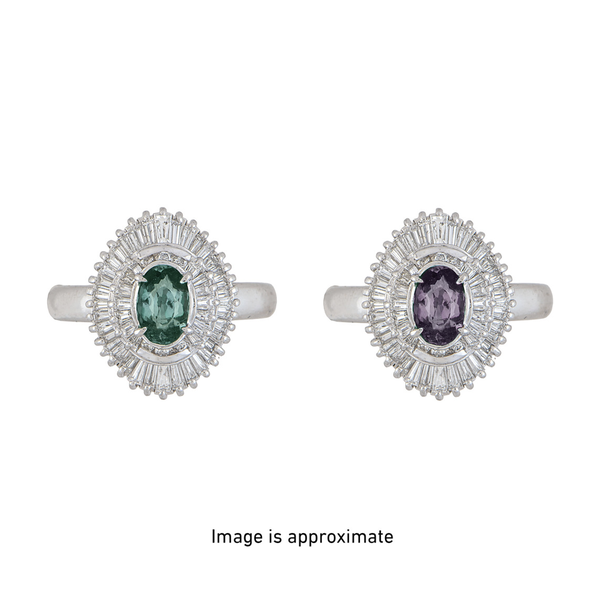 Closeup photo of Platinum .85ct Brazilian Alexandrite GIA & .89tcw Diamond Double Halo Ring 8.9g, s6.5