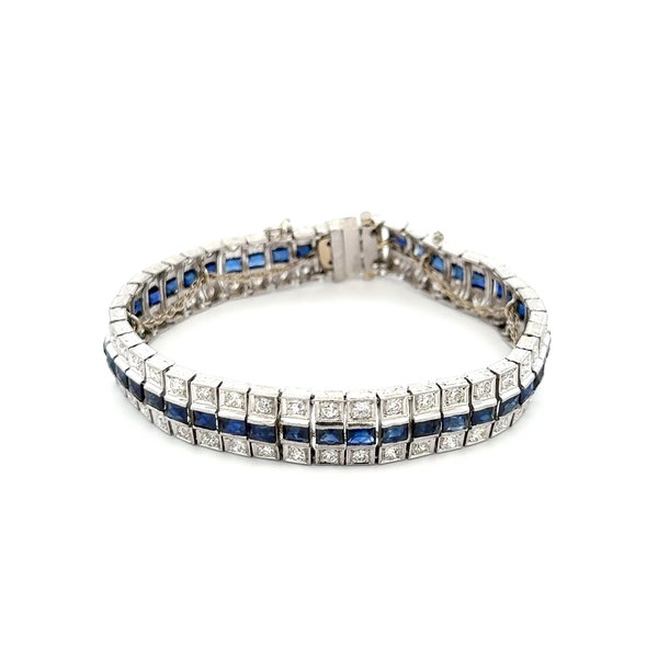 Closeup photo of Platinum Art Deco 3.60tcw OEC 90 Diamond & Syn. Sapphire Engraved Triple Row Bracelet 32.6g, 7"
