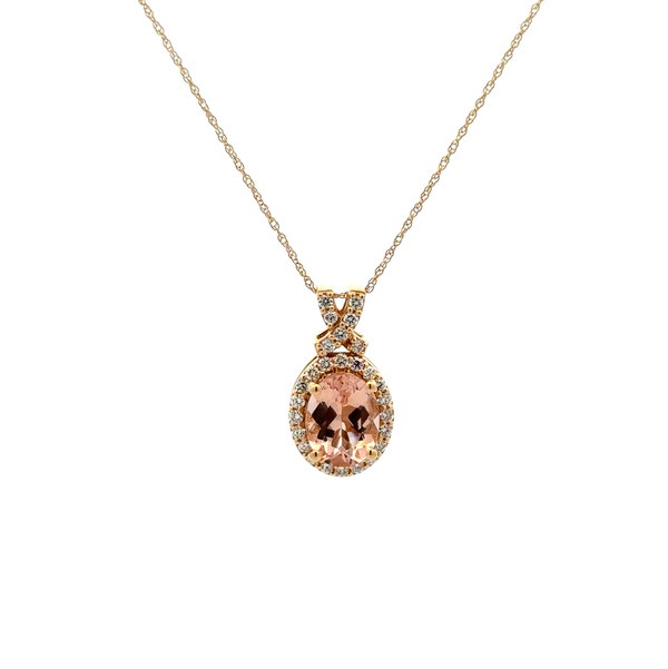 Closeup photo of 14K YG 1.75ct Oval Morganite & .25tcw RBC Diamond Pendant Necklace 3.0g, 18"