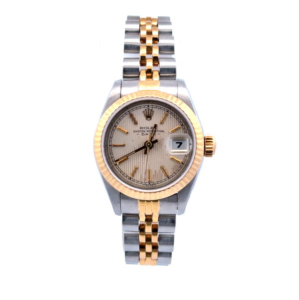 Closeup photo of Ladies Rolex 2tone SS 18K 69173 26mm Champagne Fluted Dial Watch 8592497 Jubilee Bracelet