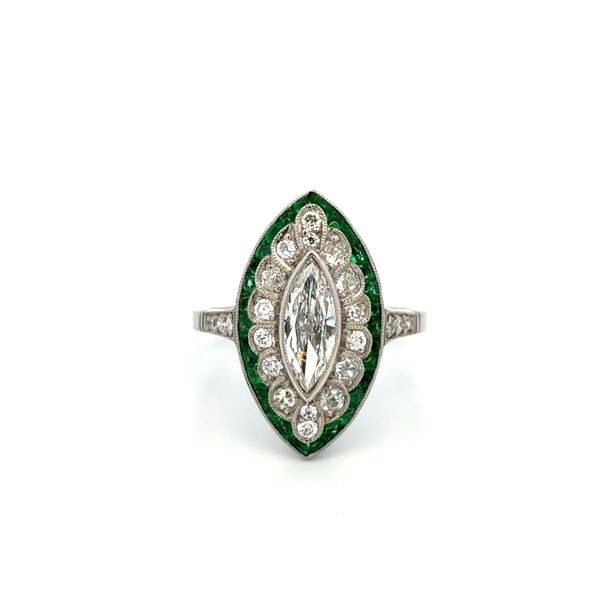 Closeup photo of Platinum .70ct Marquis, .60tcw Emerald & .60tcw OEC Diamond Navette Ring 7.2g, s7.75
