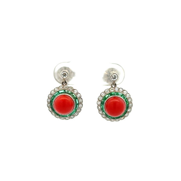 Closeup photo of Platinum 1.36tcw Round Coral, 1.37tcw Emerald & .51tcw OEC Diamond Drop Earrings 5.7g