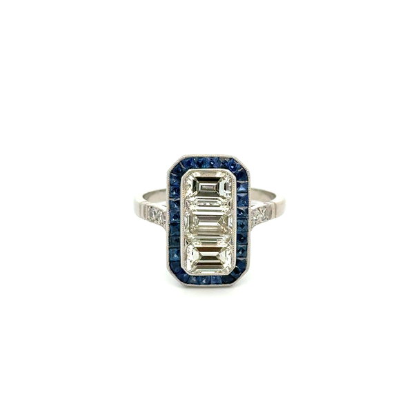 Closeup photo of Platinum 1.85tcw 3 Emerald Cut Diamond, 1tcw Sapphire & .13tcw Diamond Ring 5.9g, s6.5