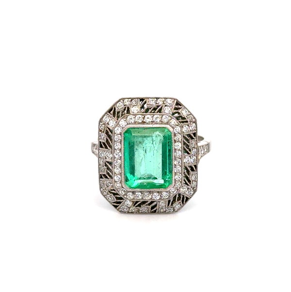 Closeup photo of Platinum 2.70ct Emerald Cut Emerald & .70tcw OEC Diamond Filigree Milgrain Ring 6.2g, s7