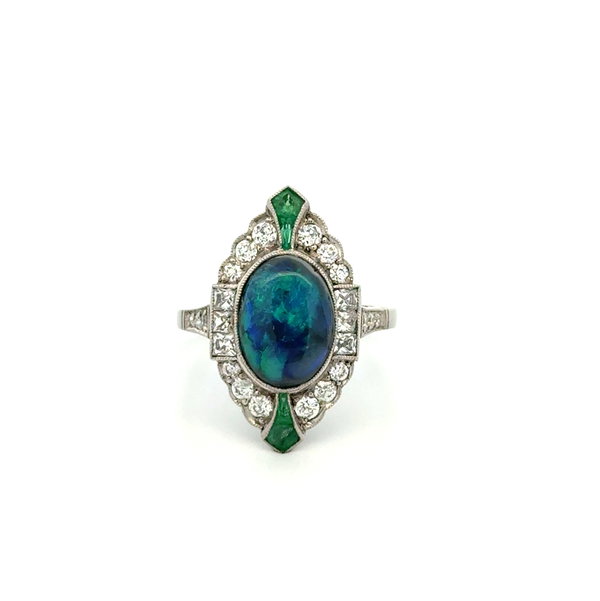 Closeup photo of Platinum 1.75ct Black Opal, .69tcw Emerald & .82tcw French & OEC Diamond Navette Ring 5.6g, s7.25