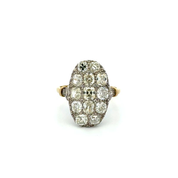 Closeup photo of Platinum on Gold Edwardian 2.66tcw Old Mine Cushion 15 Diamond Cluster Ring 5.5g, s7