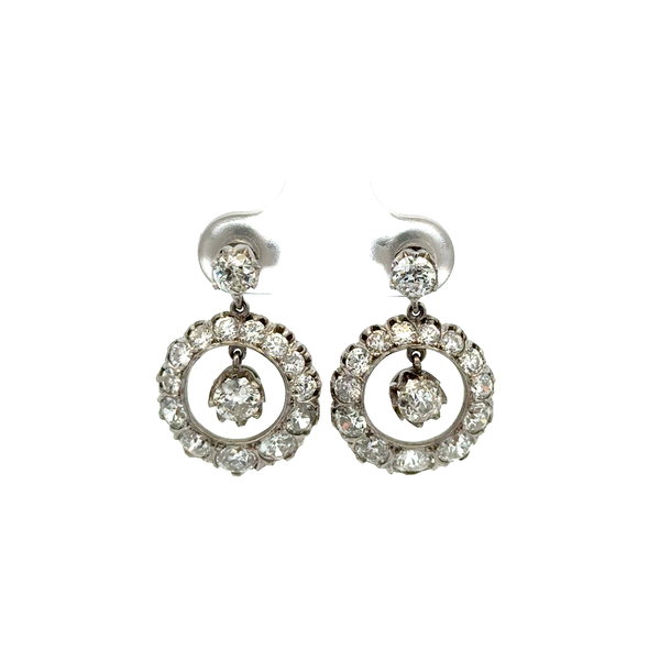 Closeup photo of Platinum on Gold Edwardian 4.36tcw OEC Diamond Open Circle Drop Earrings 9.2g